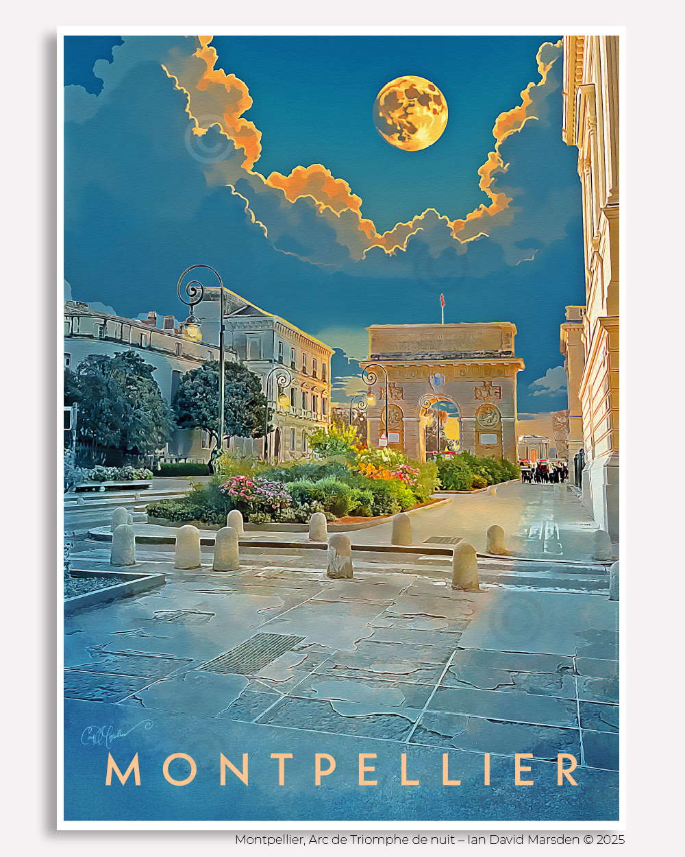 Night scene of Arc de Triomphe in Montpellier with glowing sky, painterly texture, and digital brush effects