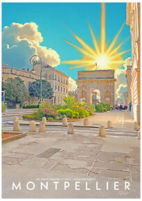 Daytime illustration of Montpellier’s Arc de Triomphe in Marsden’s clear line style.
