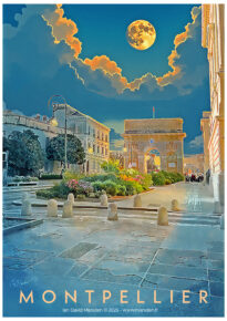 Nighttime illustration of Montpellier’s Arc de Triomphe by Ian Marsden.
