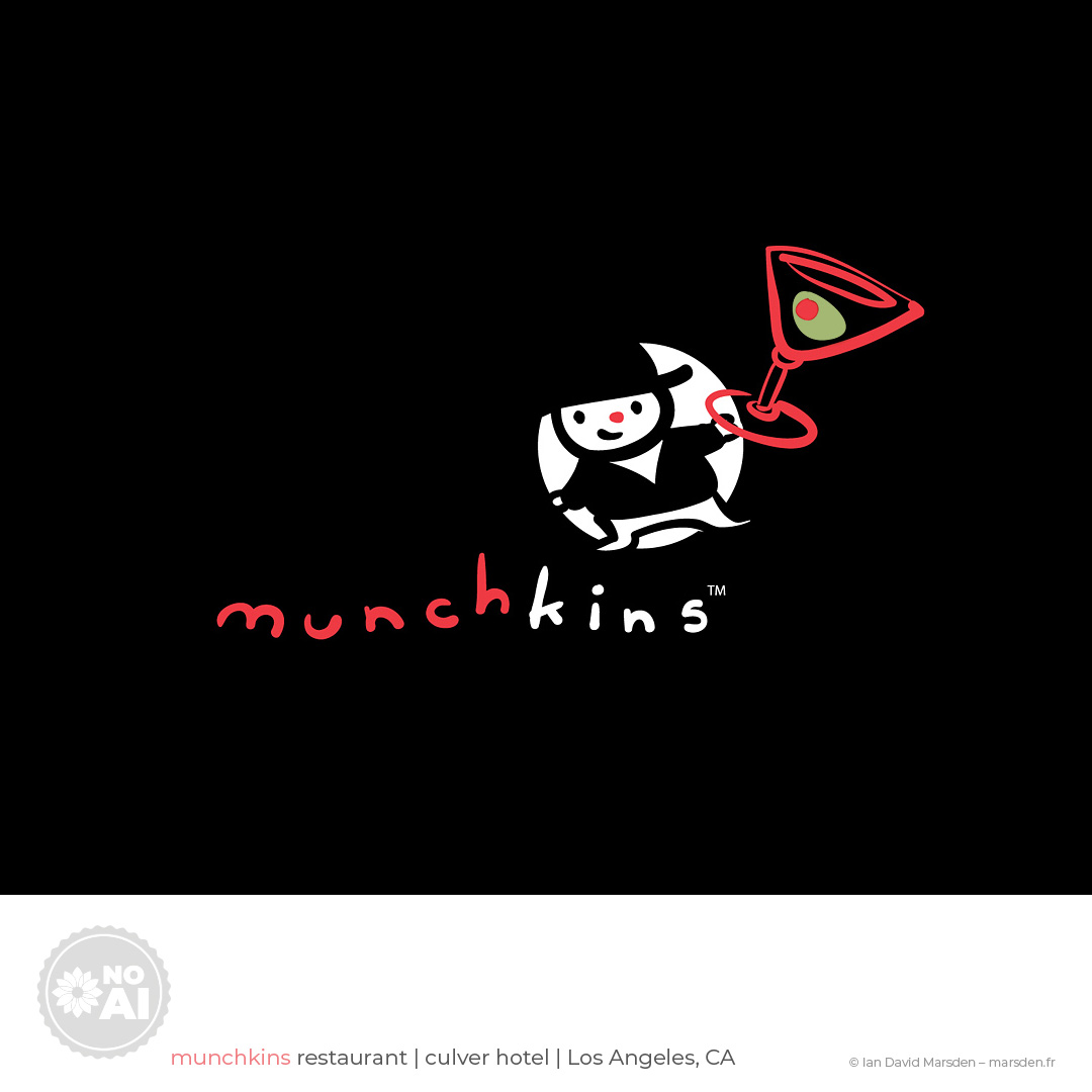 Munchkins logo with mascot holding martini glass – cocktail bar design