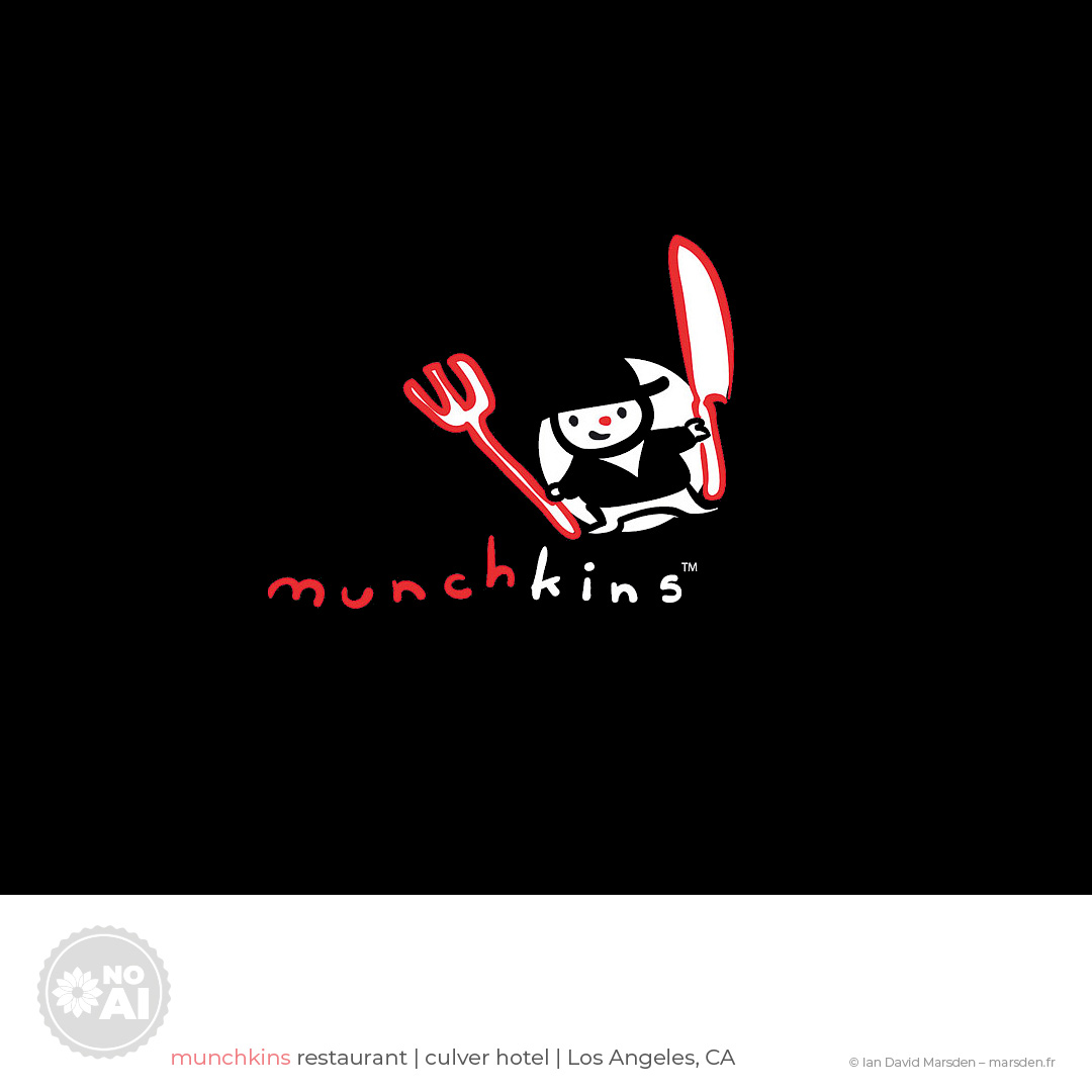 Munchkins restaurant logo with mascot holding fork and knife – Culver Hotel