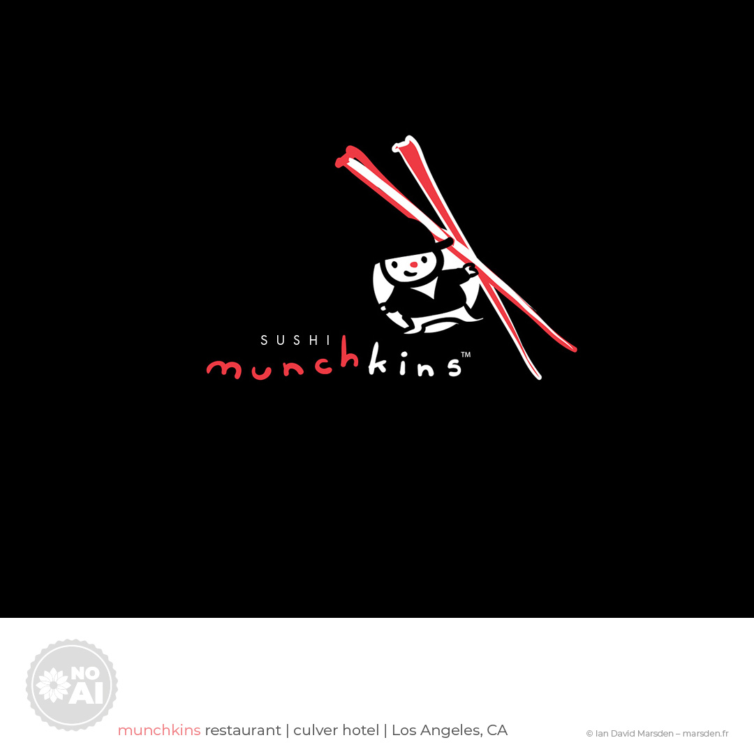 Munchkins logo with mascot holding chopsticks – sushi restaurant branding