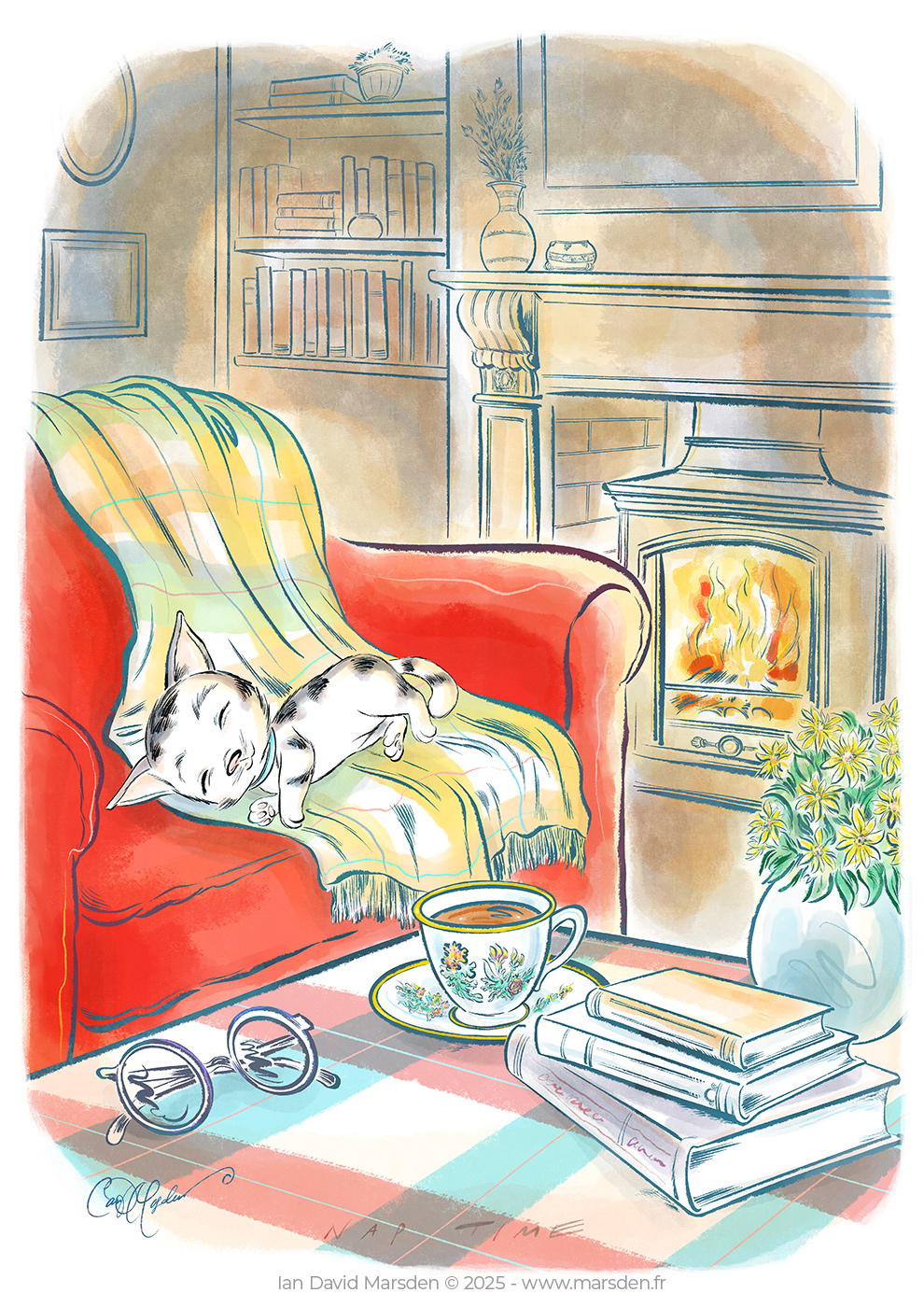 Cat sleeping on a red chair beside fireplace in cozy home scene