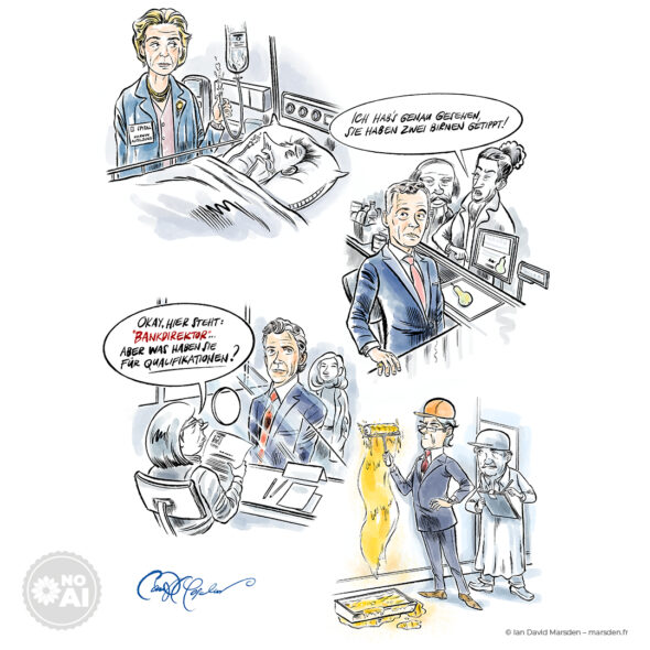 A four-panel satirical cartoon showing a man in a suit interacting with various service workers and professionals.