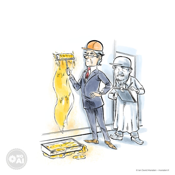A cartoon man in a suit and hard hat holds a dripping paint roller against a wall while another man with a clipboard watches.