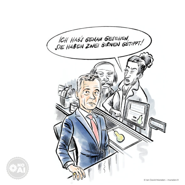 A cartoon depicting a man in a suit at a supermarket checkout as an attendant accusingly points to a screen showing pears.