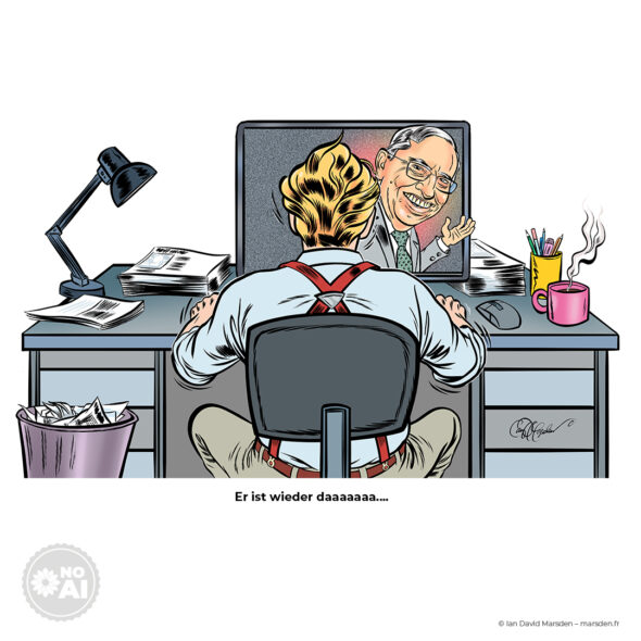 A person viewed from behind sits at a desk facing a computer screen that displays a laughing man in a suit.