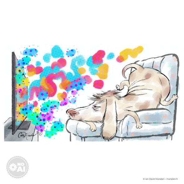 A cartoon dog with tired eyes lying on a floral armchair watching a television emitting colorful, abstract particles.