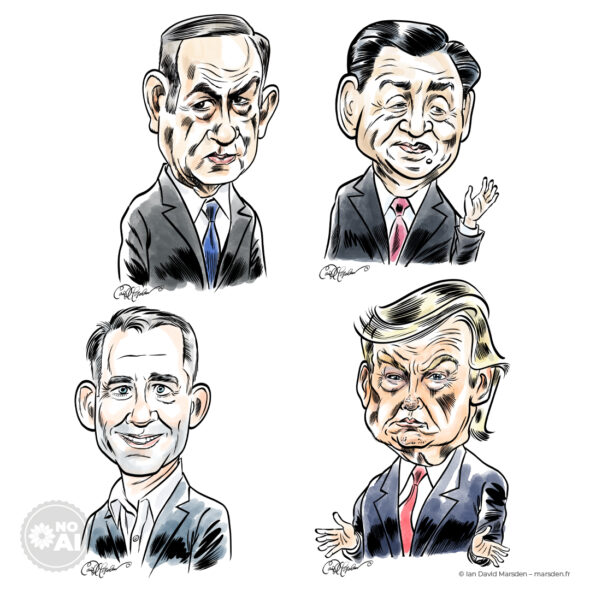 Four caricature portraits of world leaders in a grid layout, drawn in a hand-inked cartoon style.