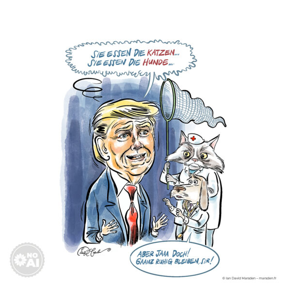 Editorial cartoon showing Donald Trump talking with a speech bubble about eating cats and dogs while a cat and dog in medical coats hold a butterfly net over him.