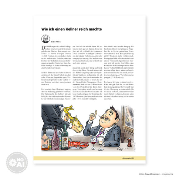 Editorial cartoon showing a waiter offering a gold-plated bottle to a wealthy man at a table with fine wine and lobster.
