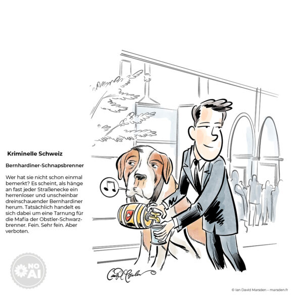 A cartoon man in a suit pours alcohol from a small keg attached to a Saint Bernard dog's neck into a glass.