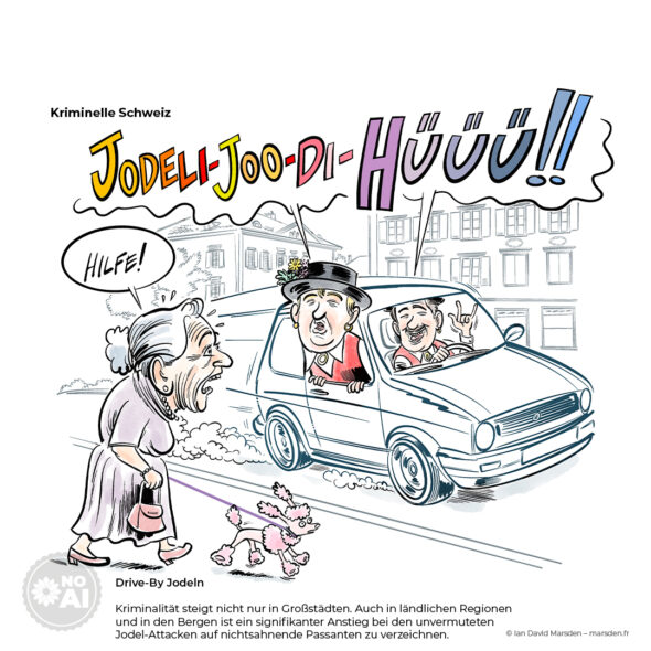 A cartoon showing two men in a car yodeling at an elderly woman walking a pink poodle, who is shouting for help.