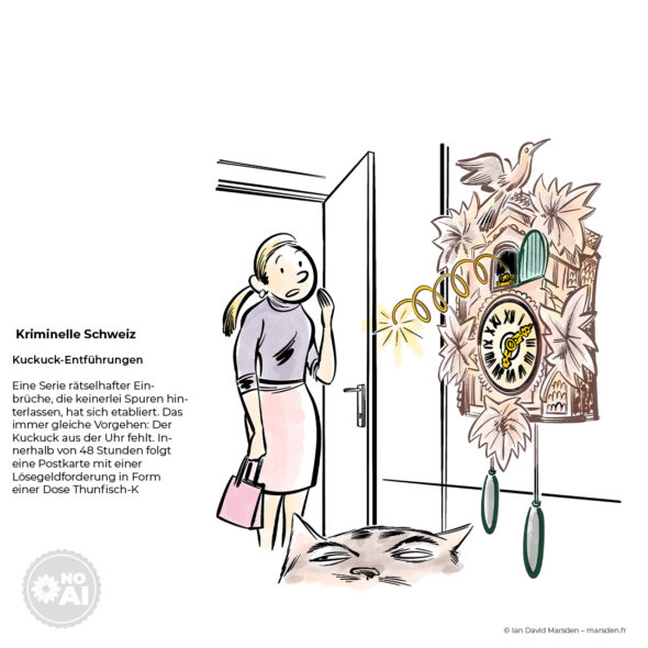 A woman looks surprised at an empty cuckoo clock where a spring is emerging, as a cat watches from the foreground.