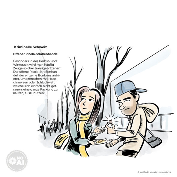 A satirical cartoon showing a person buying a single cough drop from a street dealer.