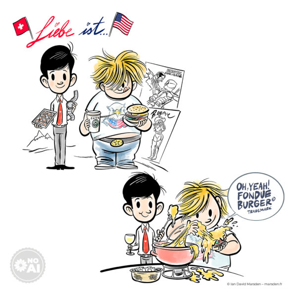 Cartoon characters representing Swiss and American stereotypes enjoying a fondue burger together.