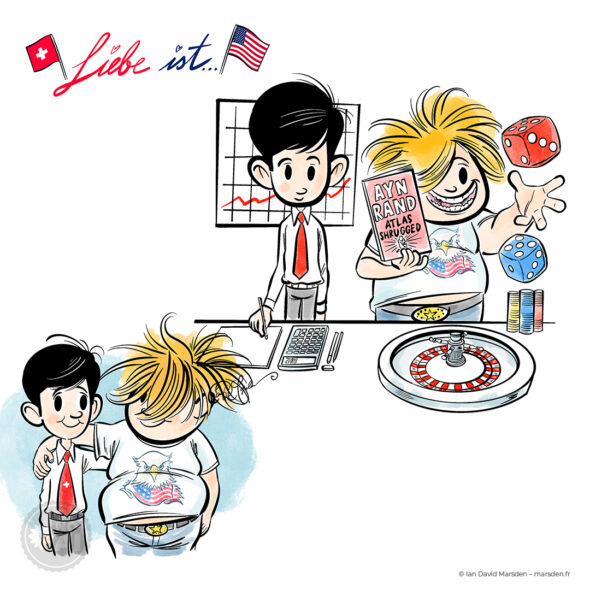 Cartoon characters symbolizing Switzerland and the USA interacting in business and gambling settings.