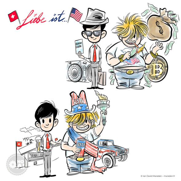 A two-part cartoon titled 'Liebe ist...' showing caricatures of Swiss and American stereotypes in contrasting scenarios.