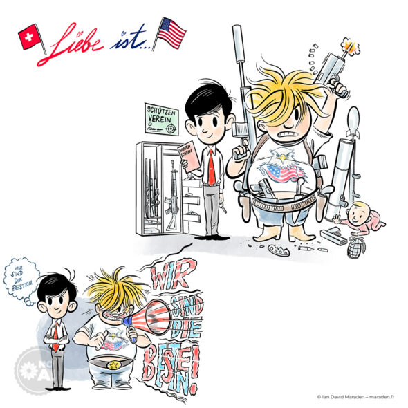 Cartoon comparing Swiss and American gun cultures with two scenes featuring a tidy Swiss man and a heavily armed American caricature.