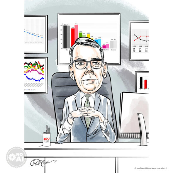 Caricature of a man in a suit seated at a desk with charts and graphs on the wall behind him.