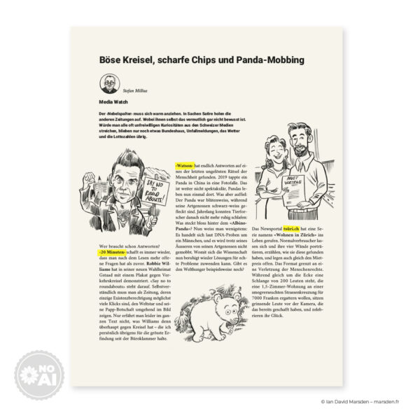 A satirical newspaper column page titled Böse Kreisel, scharfe Chips und Panda-Mobbing featuring illustrations and text.
