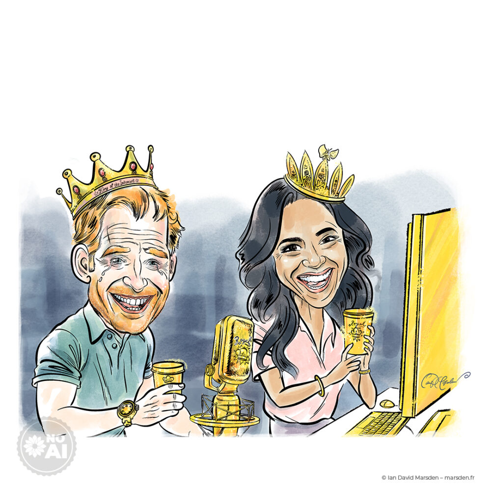Character caricature portrait illustration of two recognisable people by Ian David Marsden.