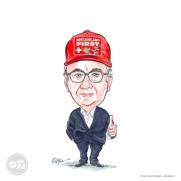 A cartoon caricature of a man wearing a red baseball cap labeled Switzerland First, gesturing with a thumbs-up.