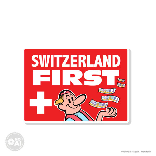Cartoon character with a Swiss flag hat tosses 1000 Swiss Franc banknotes against a red background with text.