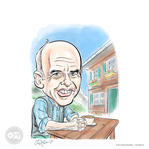 Caricature of a smiling bald man sitting at a wooden outdoor table with a cup of coffee in front of a rustic chalet.