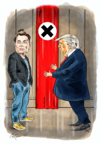Cartoon parody of Elon Musk’s new X logo, with Trump-style satire by Ian Marsden.