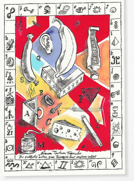 Illustrated chart with surreal symbols, animals, eyes, numbers, and riddles; styled like a mad alchemist’s notes.