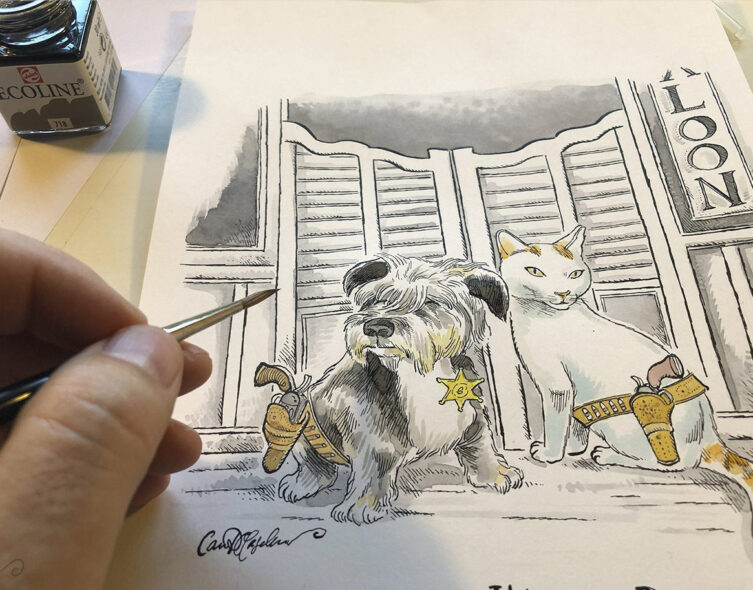 Watercolor version of cat and dog lawmen in front of a saloon, drawn with colored washes and western whimsy.