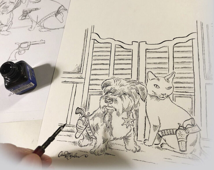Black ink drawing of cat and dog lawmen outside swinging saloon doors, mid-scene in a desert showdown.