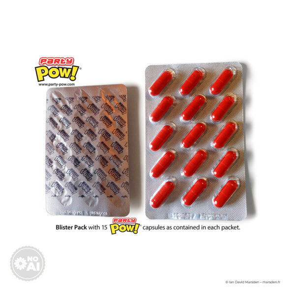 PartyPOW! energy blister capsules on backer card