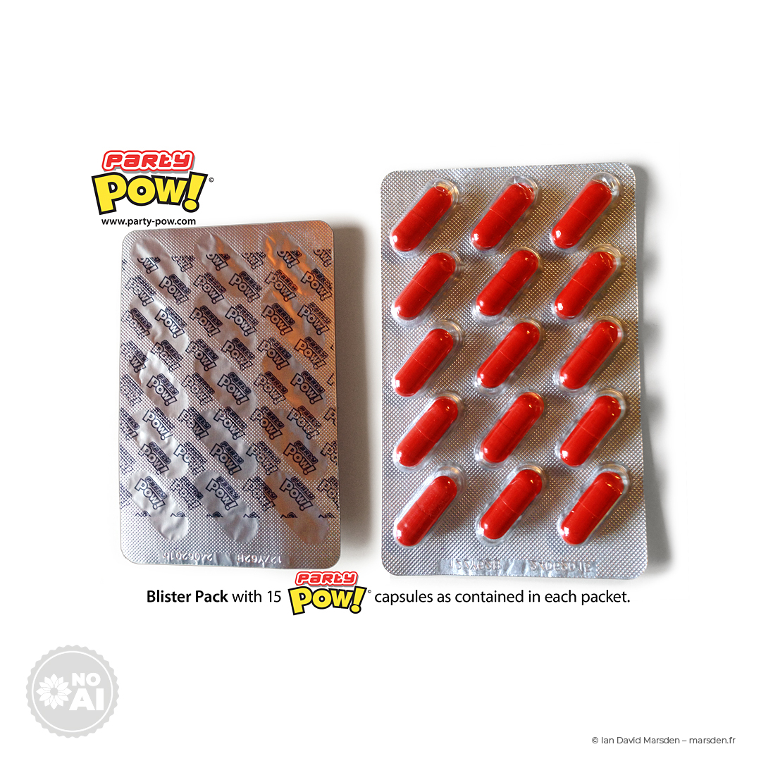 PartyPOW! energy blister capsules on backer card