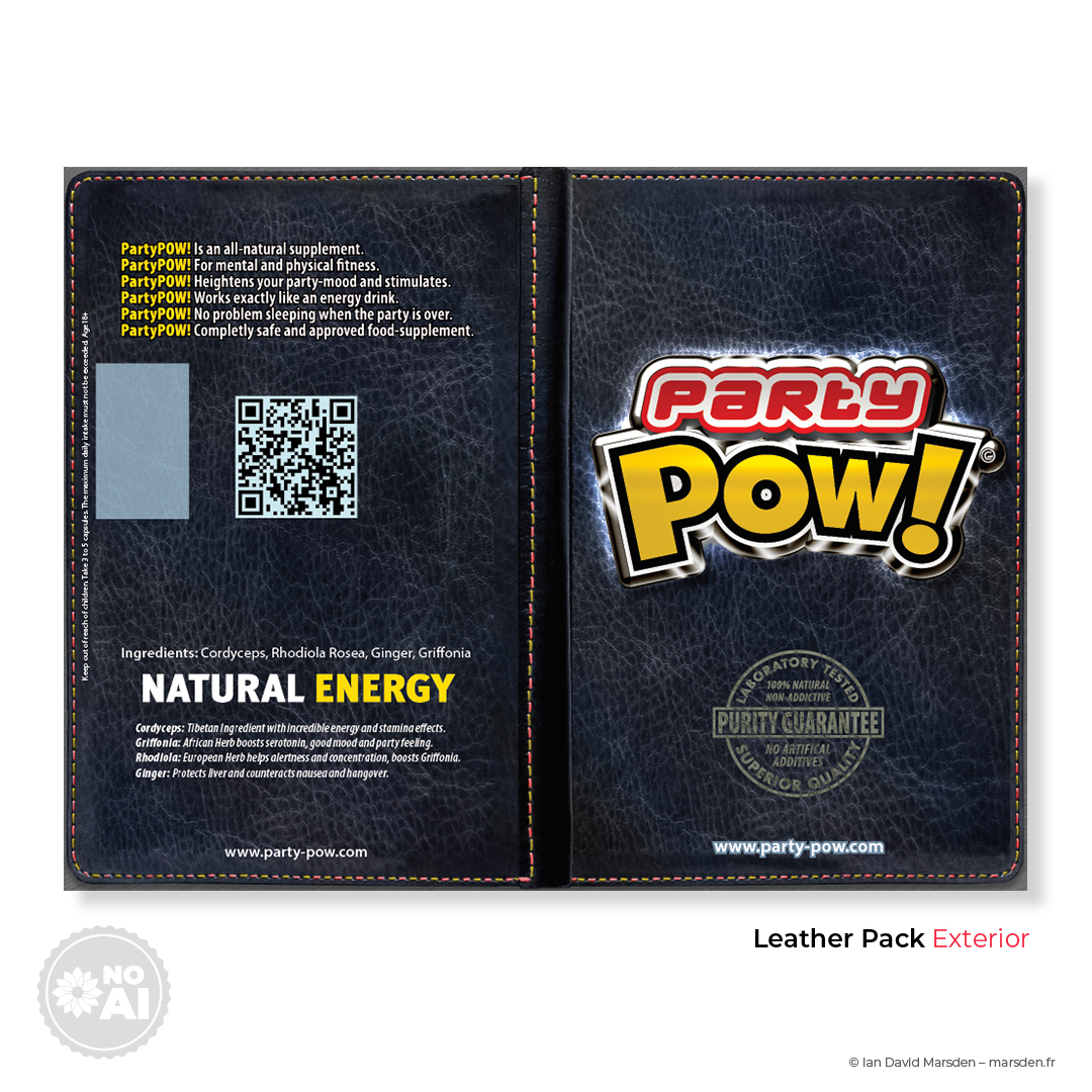 PartyPOW! leather edition exterior packaging with QR code and text