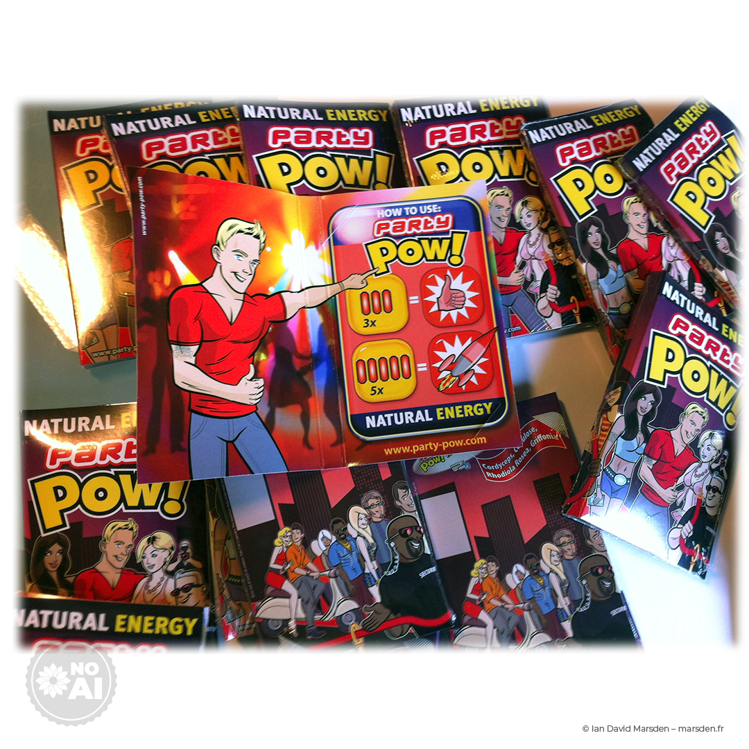 Assorted packaging photos of PartyPOW! natural energy capsules with branding and mascot