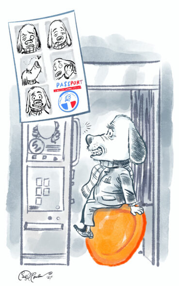 Drawing of a stylish dog waiting in line at a futuristic French photo booth, dressed in traveler chic.