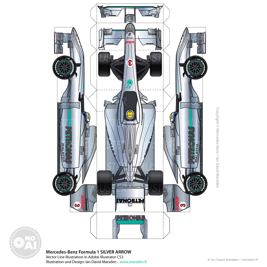 Mercedes F1 car papercraft model on A4 paper, printable with fold lines and full livery for assembly; created for Mercedes-Benz Museum Stuttgart