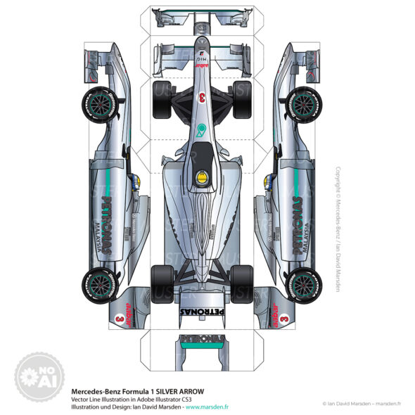 Flat design of a Mercedes Formula 1 car for cutout and foldable paper model.
