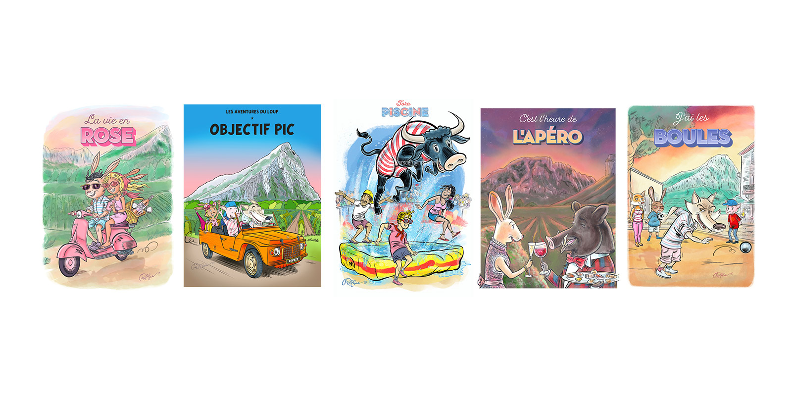 Illustrated tourism posters with original comic-style characters created for the Pic Saint-Loup region in southern France by Ian David Marsden.