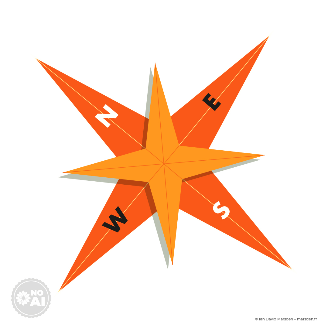 Custom orange compass rose designed for Parc Le Duc resort map, vector graphic created by Ian David Marsden.