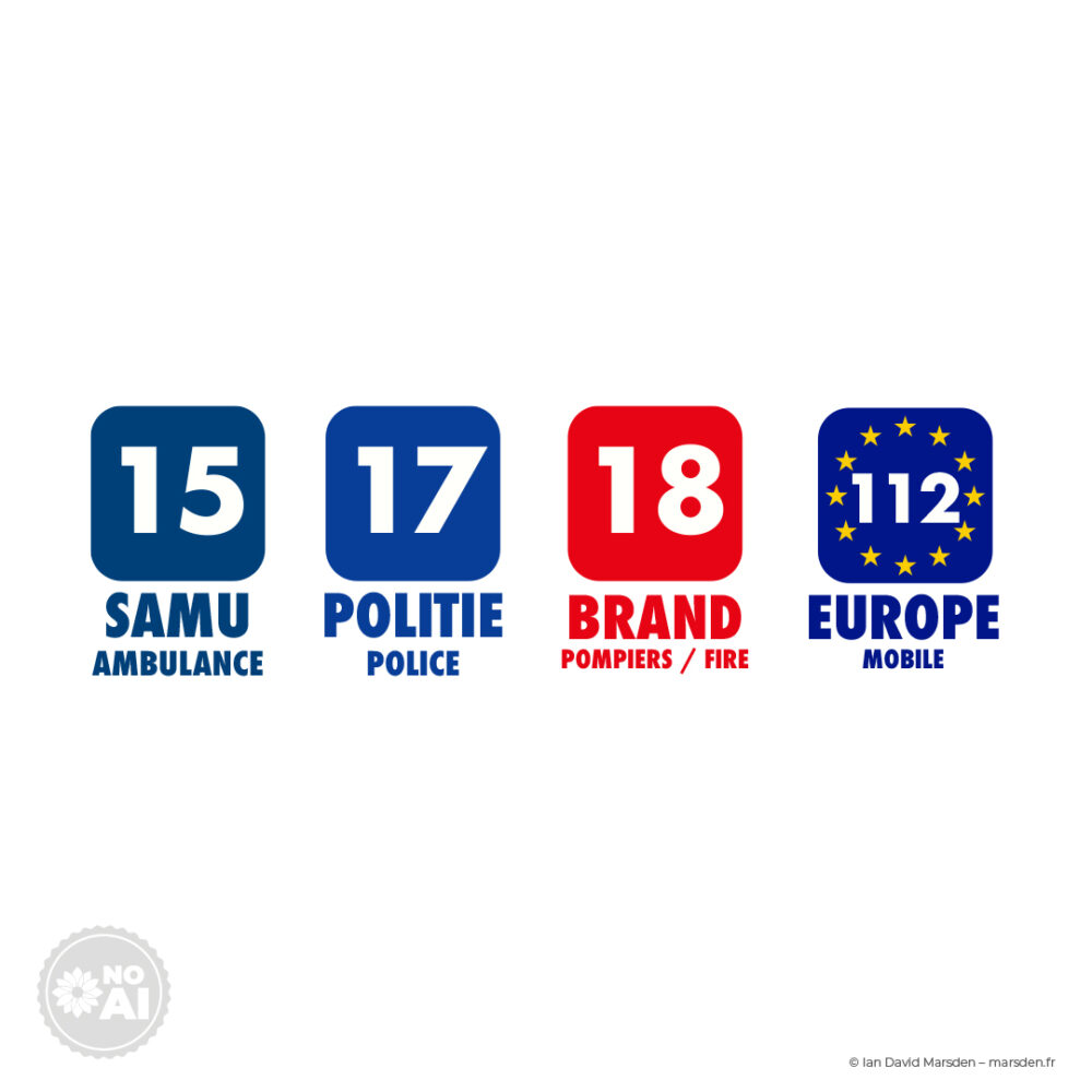 Emergency numbers and icons for ambulance, police, fire, and European emergency services in Parc Le Duc signage system.