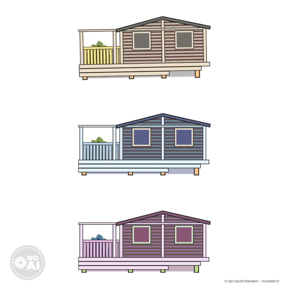 Vector illustrations of three chalet types used in Parc Le Duc resort orientation map by Ian David Marsden.