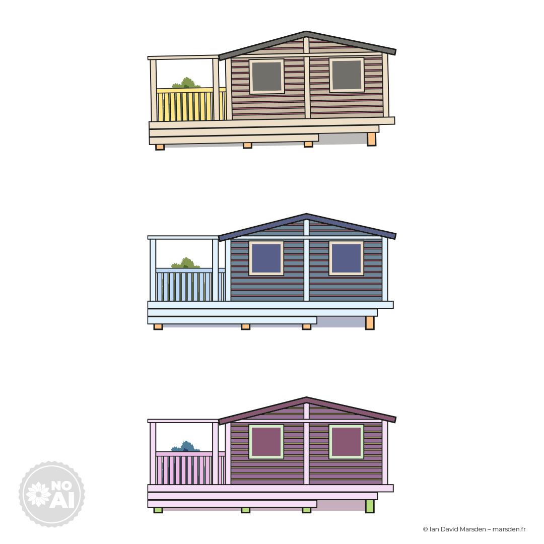 Vector illustrations of three chalet types used in Parc Le Duc resort orientation map by Ian David Marsden.