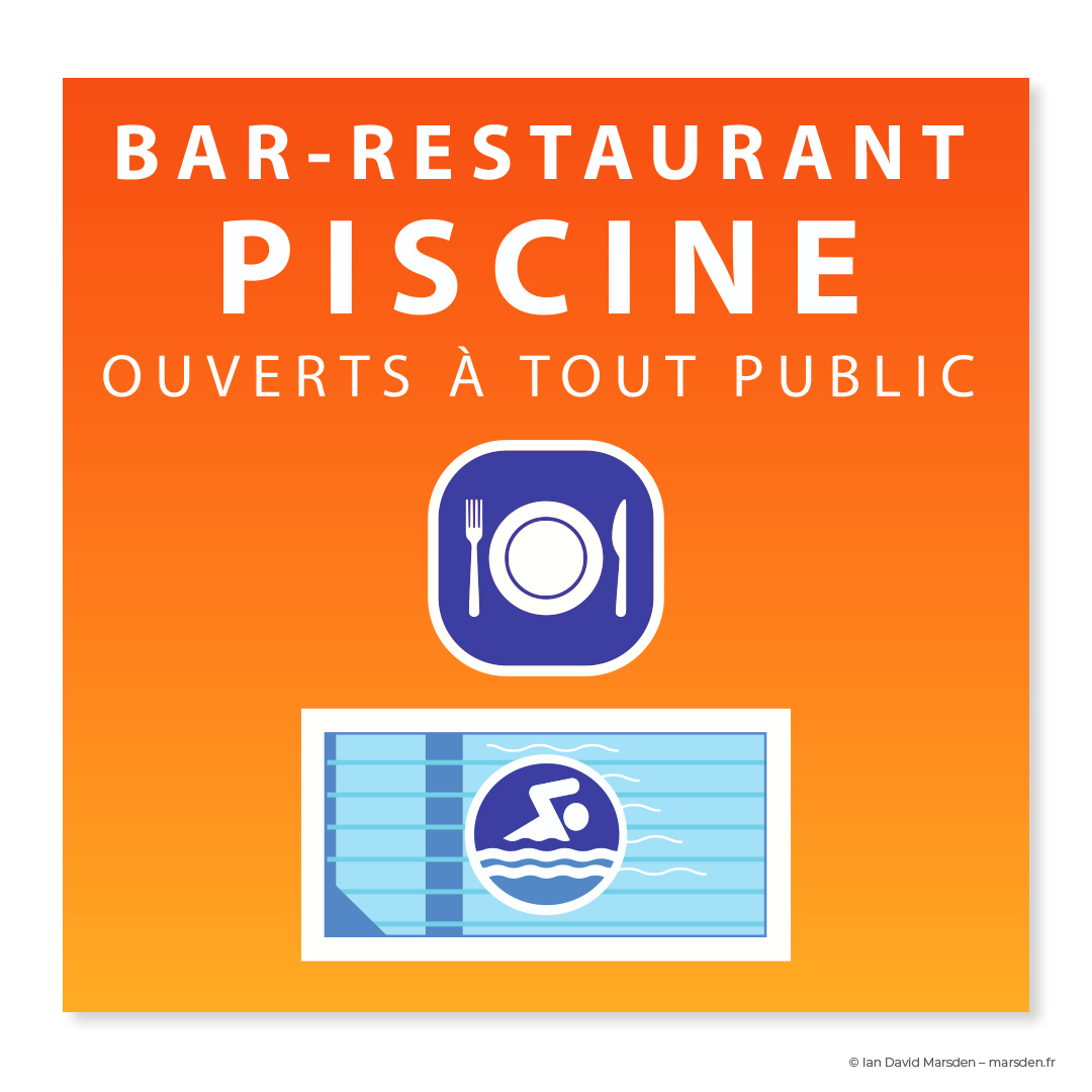 Directional signage panel with pool, restaurant, and bar icons in vector style