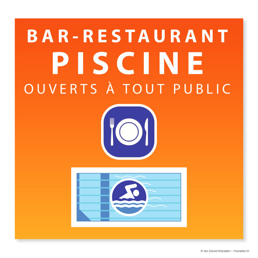 French-language panel for bar-restaurant and pool access at Parc Le Duc, designed in vivid orange with vector icons.