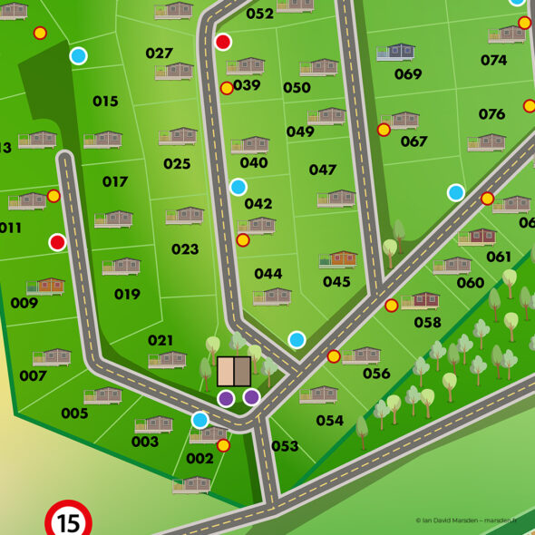 Detailed vector map showing numbered chalets and paths in north section of site
