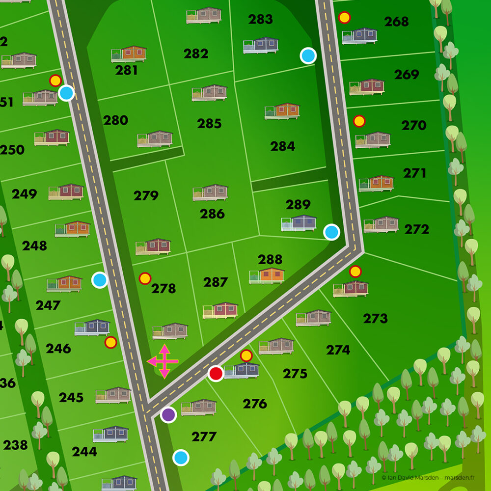 Detailed vector map of Parc Le Duc camping resort showing numbered chalet lots, roads, and emergency icons.