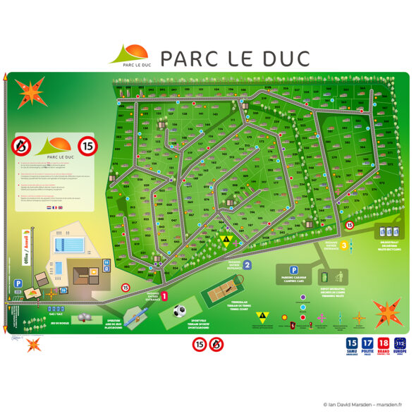 Colorful vector map showing Parc Le Duc holiday park layout with icons and paths